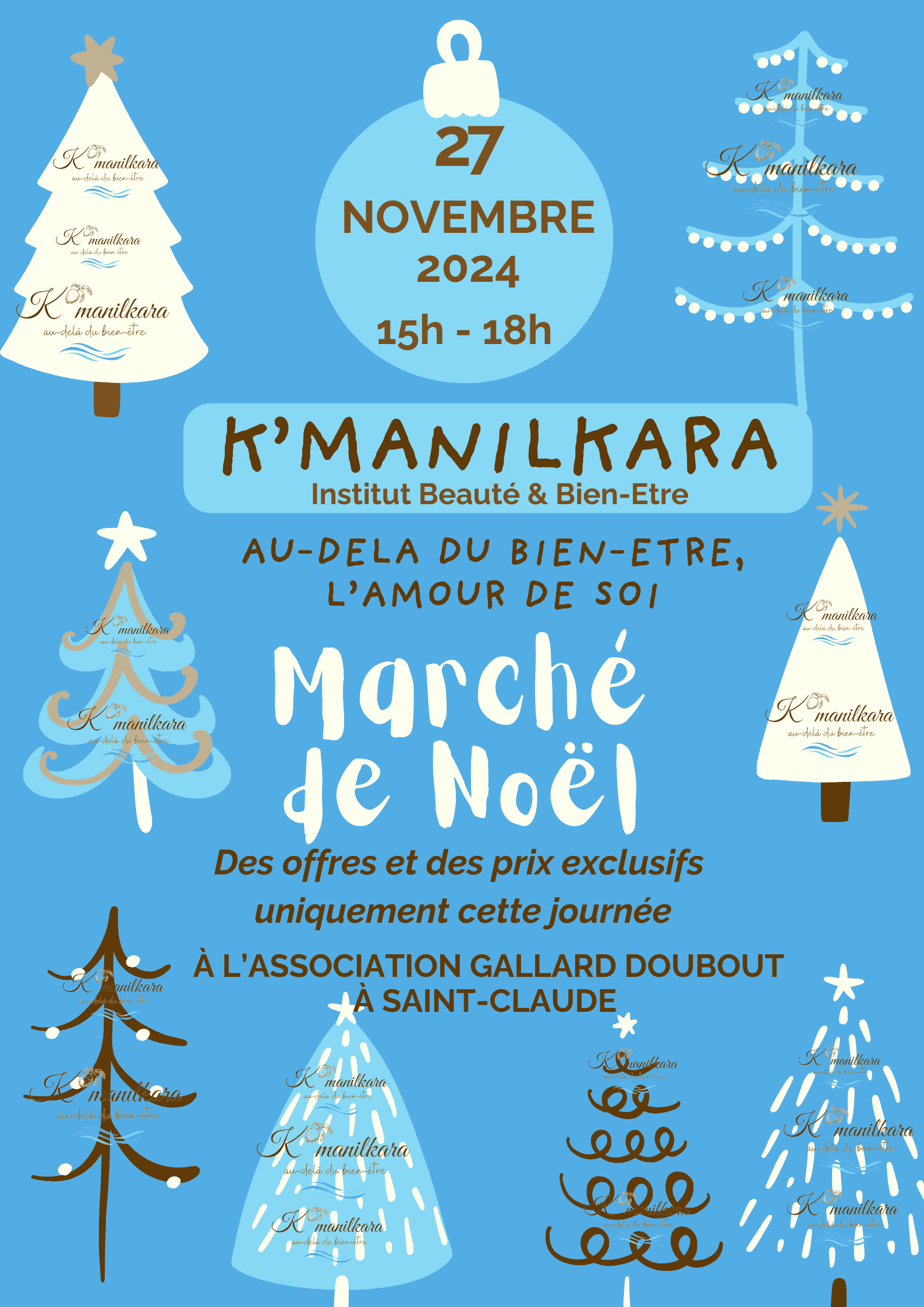 Evènement le 27/11/2024 de 15h à 18h à l'association Gallard Doubout à St Claude. Cette année, offrez à vos proches, ou à vous même un moment de détente et de bien-être ! Venez découvrir nos offres exclusives spécialement créées pour le marché de Noël image